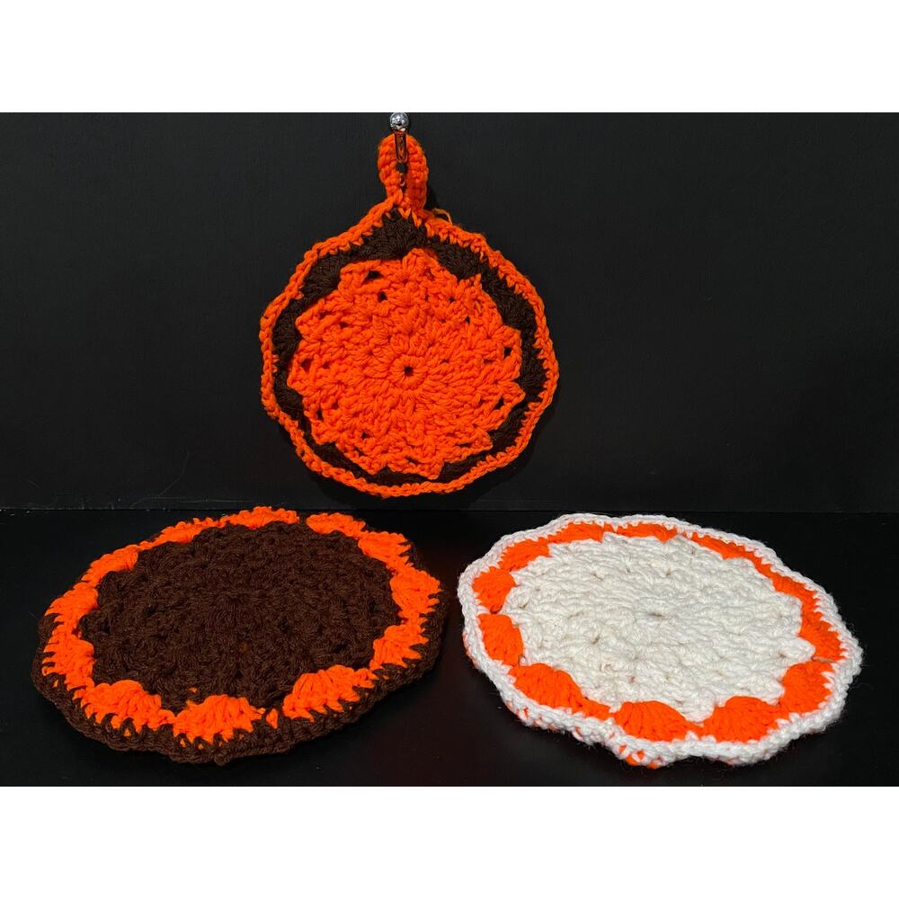 Vintage Crochet Trivets, Crochet Potholder, Orange Brown White